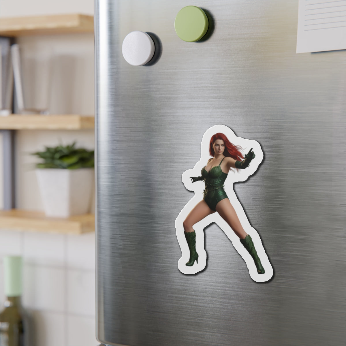 Poison Ivy Magnet – DC Comic Villain Fridge Magnet, Anime Style Decor on stainless fridge showing die-cut vinyl magnet of Poison Ivy