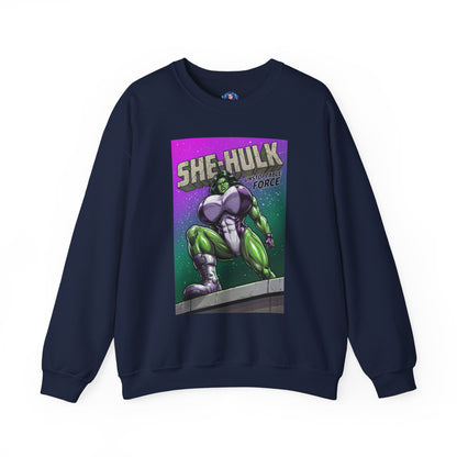 She-Hulk Sweatshirt, Comic Character Art, Premium Fan Apparel featuring vivid green She-Hulk illustration in bold dominant stance on navy crewneck