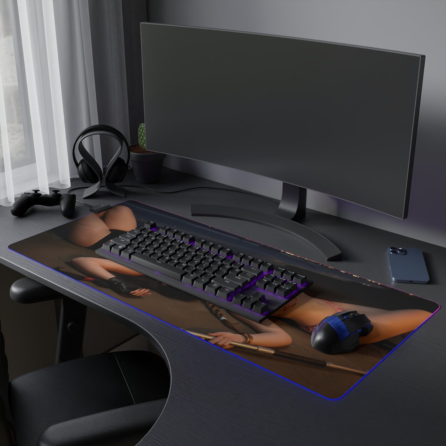Alt Tag: Tifa Lockhart and Aerith Gainsborough Desk Mat – LED RGB Pad showcasing dual-heroine artwork on an RGB-lit large gaming desk mat