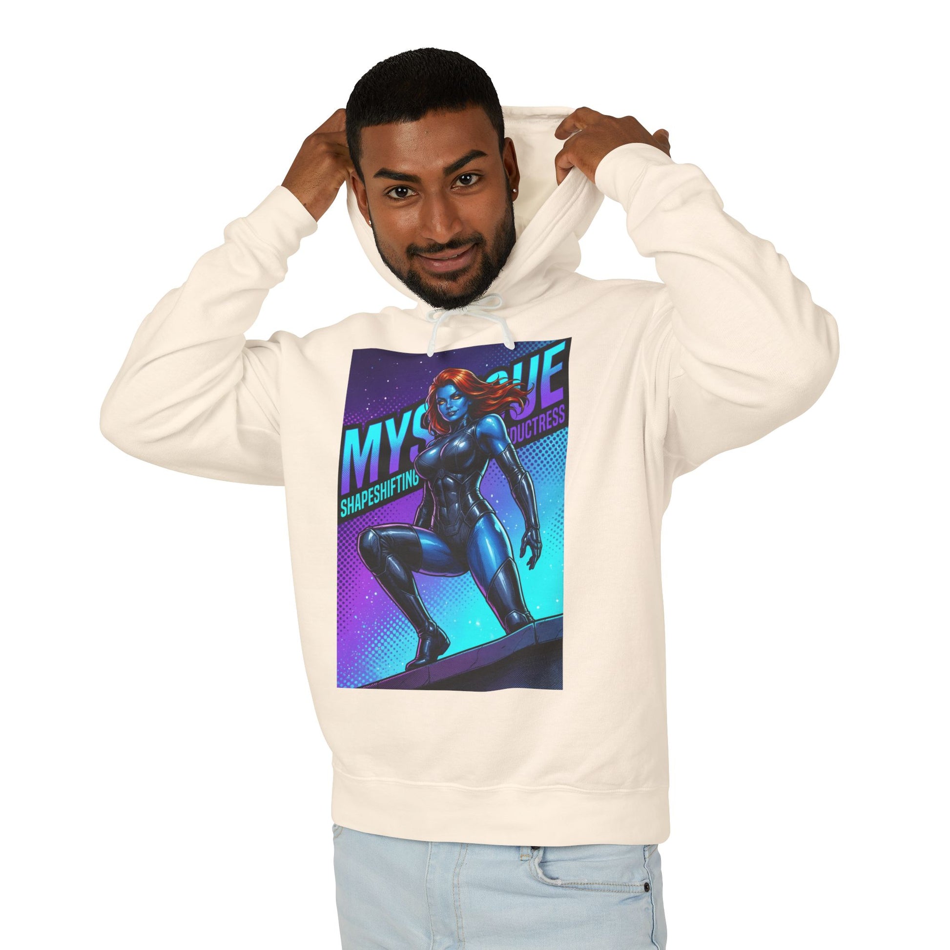 Mystique Hoodie | X-Men Hoodie | Comic Book Villain Pullover - man wearing cream hoodie with Mystique graphic, blue comic art, casual streetwear