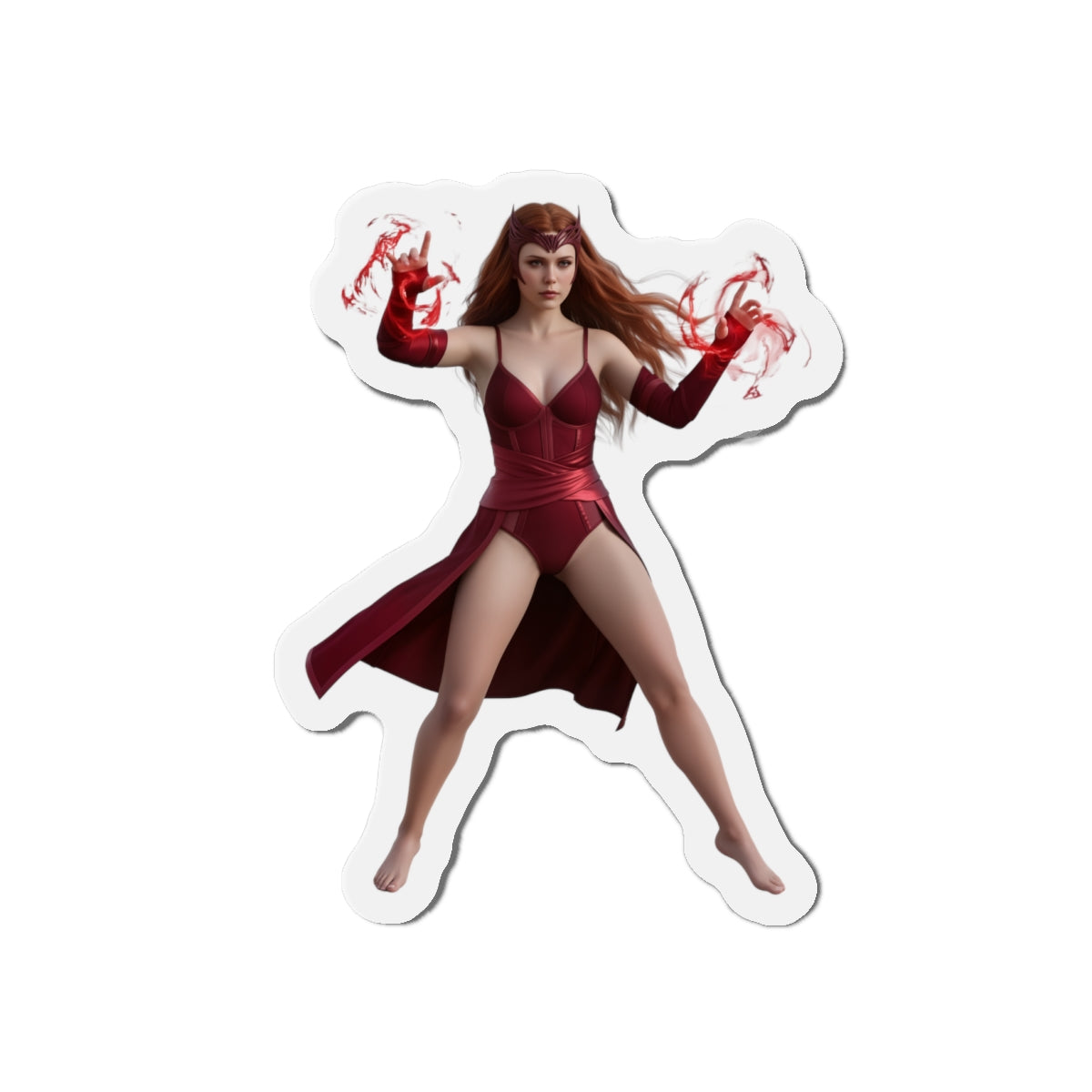 Scarlet Witch Magnet – Marvel Heroine Fridge Magnet, Anime Style Decor, die-cut vinyl magnet showing Scarlet Witch in red costume casting magic