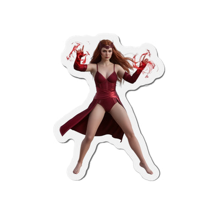 Scarlet Witch Magnet – Marvel Heroine Fridge Magnet, Anime Style Decor, die-cut vinyl magnet showing Scarlet Witch in red costume casting magic