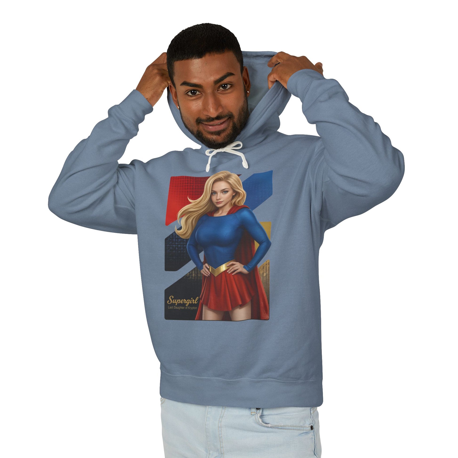 Supergirl Hoodie | DC Comics Hoodie | Anime Superheroine Pullover - man wearing blue pullover featuring bold anime Supergirl illustration