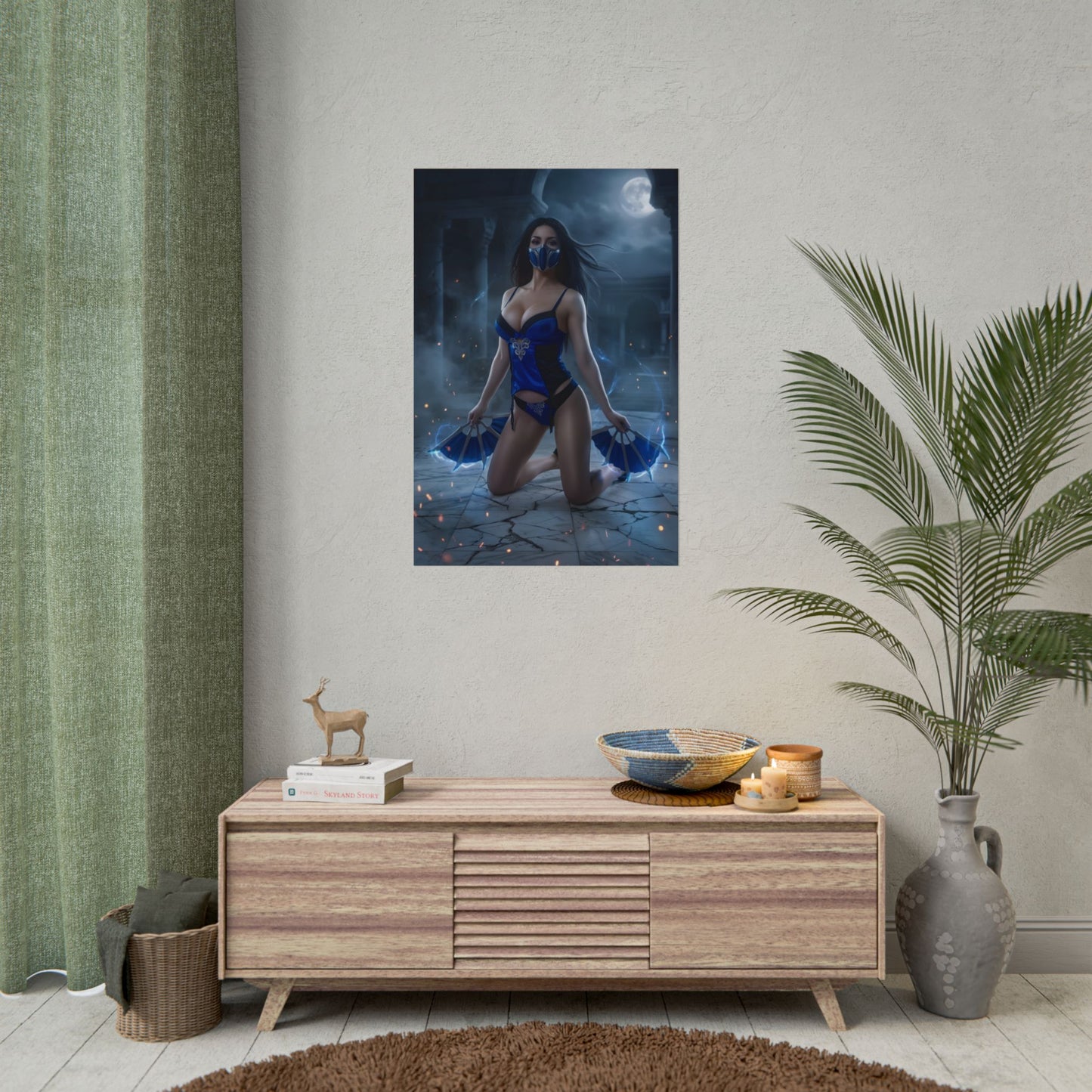 Kitana Poster / Kitana Wall Art / Kitana Art Print / Mortal Kombat Poster — cinematic moonlit Kitana in blue, regal warrior with fans in temple scene