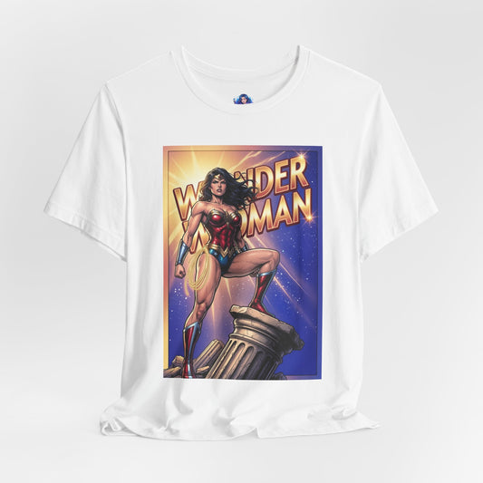 Wonder Woman T-Shirt | DC Comics Anime Tee for Gamers & Fans - Bella Canvas tee with comic-style Wonder Woman on ruins, lasso, radiant lighting