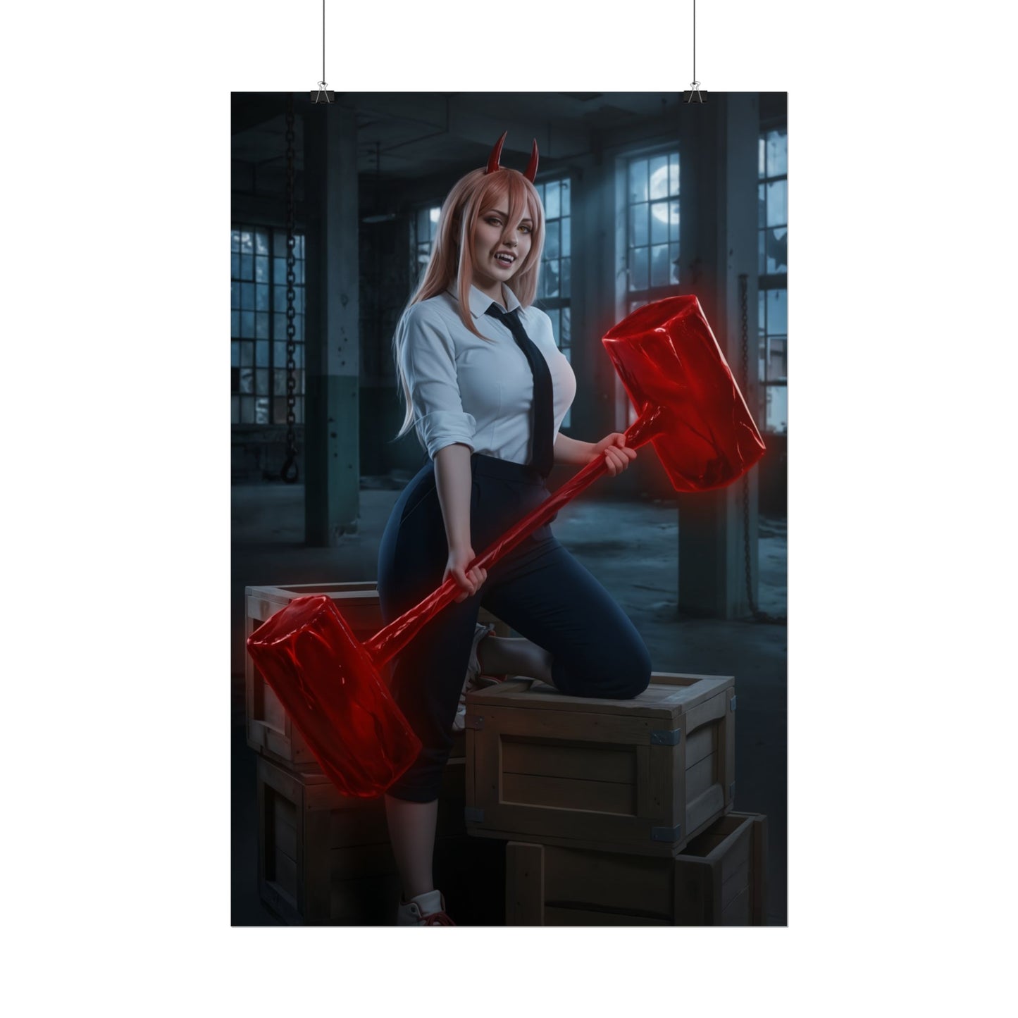Power Poster, Chainsaw Man Art Print, Iconic Fiend Character Wall Decor – anime-style Blood Fiend holding red hammer, bold character wall decor