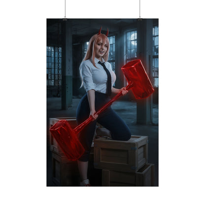 Power Poster, Chainsaw Man Art Print, Iconic Fiend Character Wall Decor – anime-style Blood Fiend holding red hammer, bold character wall decor