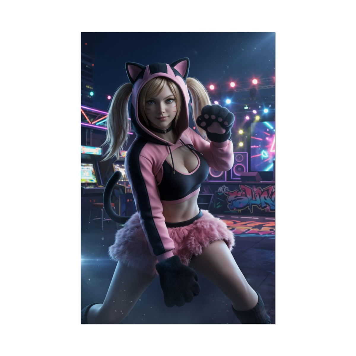 Lucky Chloe Poster, Tekken Art Print  Iconic Fighting Game Idol Heroine vibrant high-res poster of Lucky Chloe in pink cat hoodie and fluffy skirt