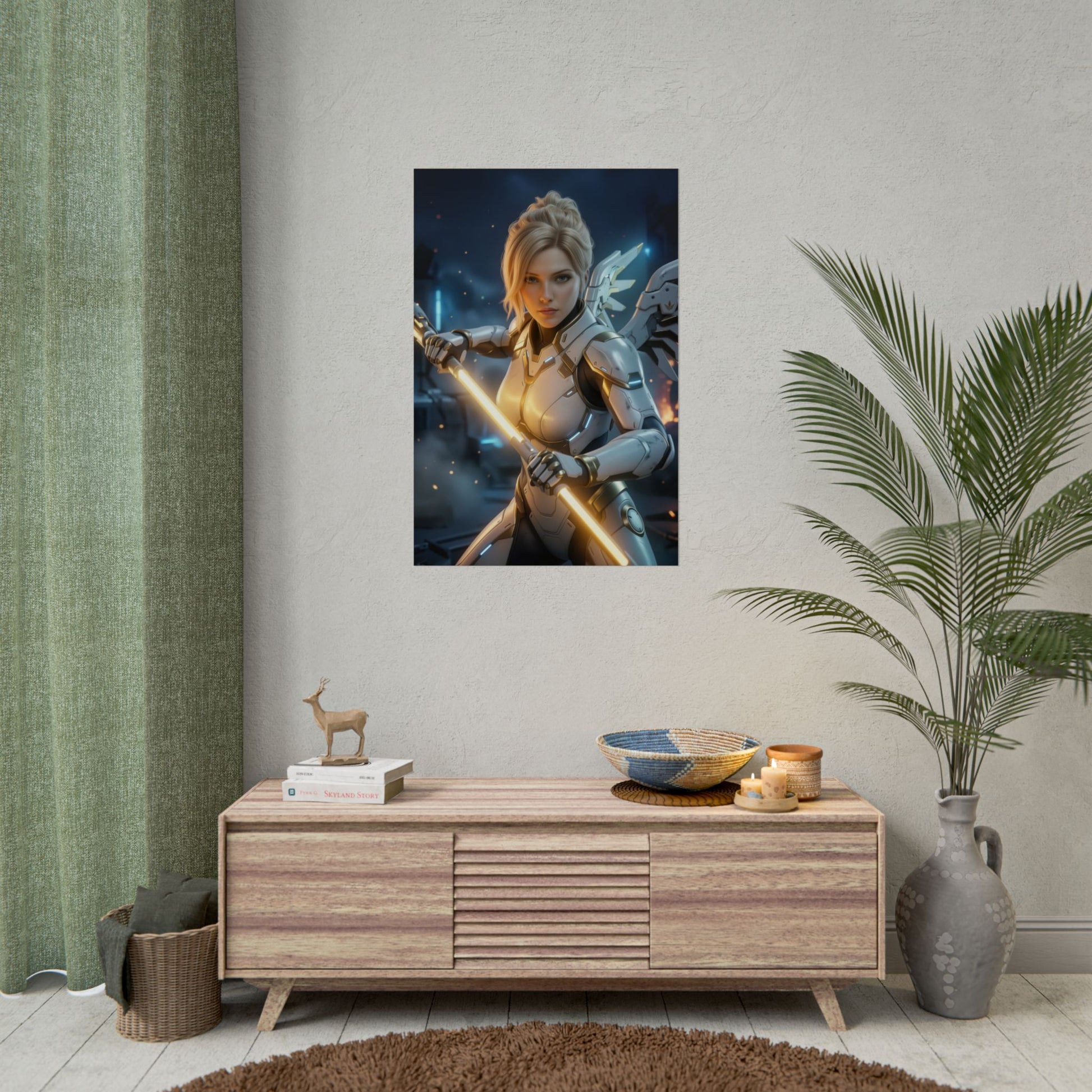 Mercy Poster Overwatch Wall Art Print Sci-Fi Gaming Decor - cinematic support hero print with glowing staff in futuristic armor