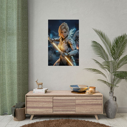 Mercy Poster Overwatch Wall Art Print Sci-Fi Gaming Decor - cinematic support hero print with glowing staff in futuristic armor