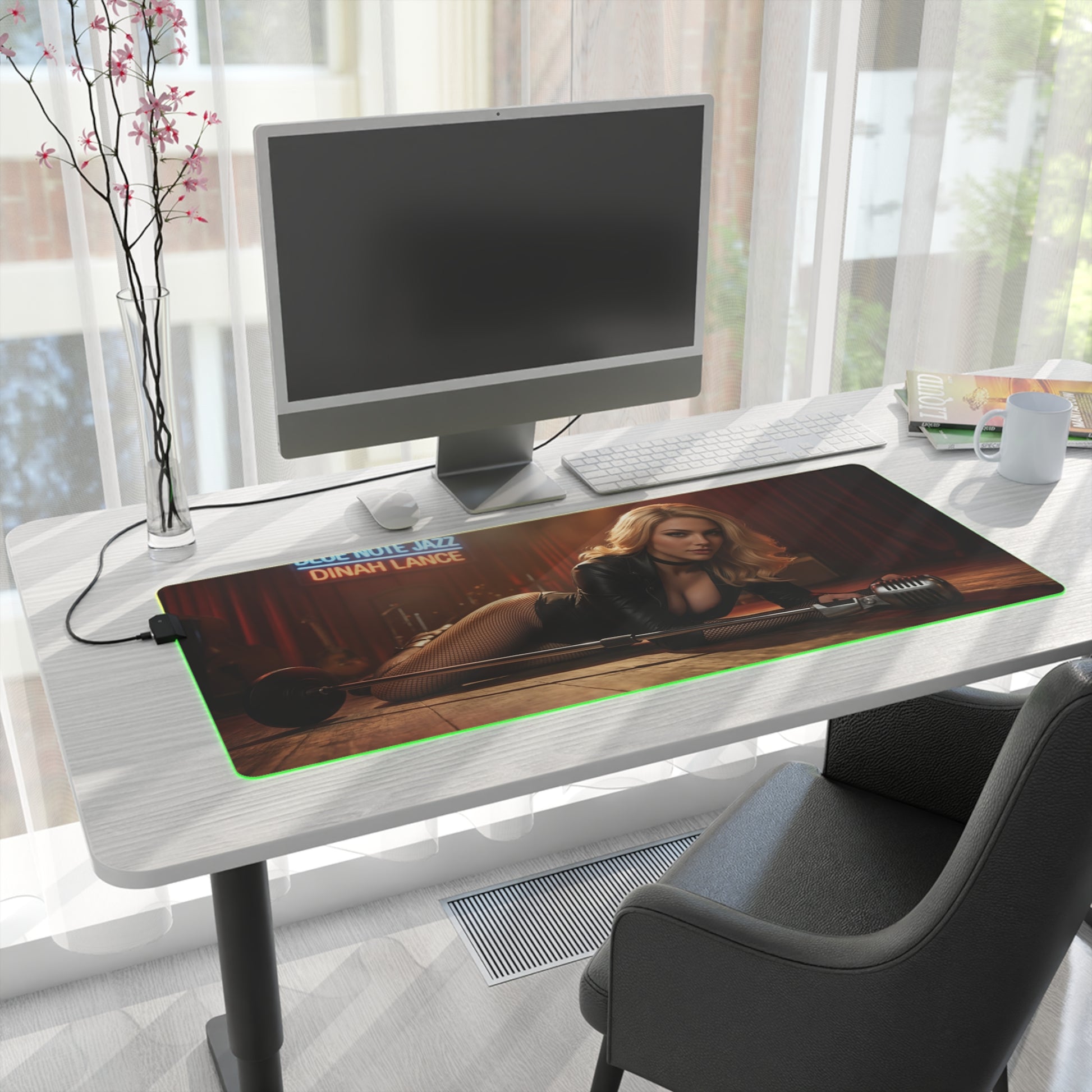 Black Canary Desk Mat – LED RGB Pad, Waifu Hero Anime Girl Setup on desk with waifu hero anime girl design and green RGB edge
