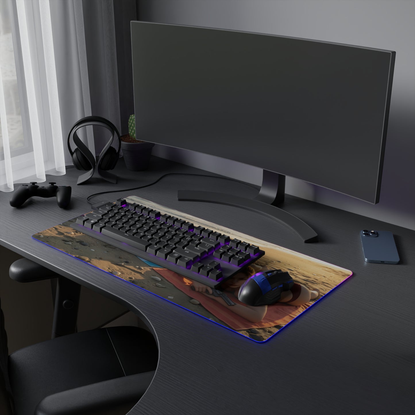 Ada Wong, Claire Redfield & Jill Valentine Desk Mat – LED RGB Pad showcasing trio artwork on a large RGB gaming desk mat under keyboard and mouse