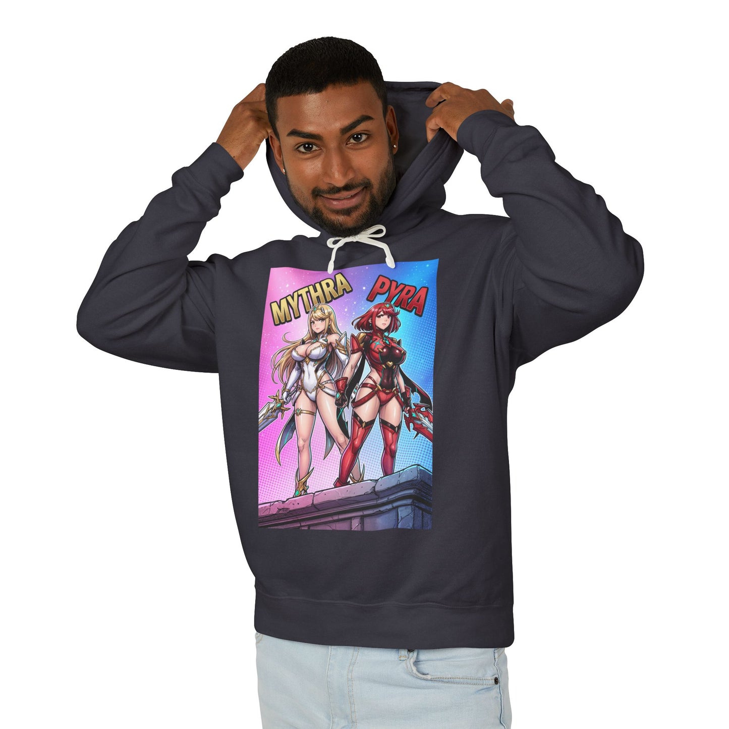 Mythra & Pyra Hoodie | JRPG Fantasy Hoodie | Anime Warrior Pullover model wearing black hoodie with Mythra and Pyra anime artwork