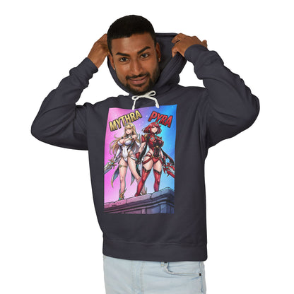 Mythra & Pyra Hoodie | JRPG Fantasy Hoodie | Anime Warrior Pullover model wearing black hoodie with Mythra and Pyra anime artwork