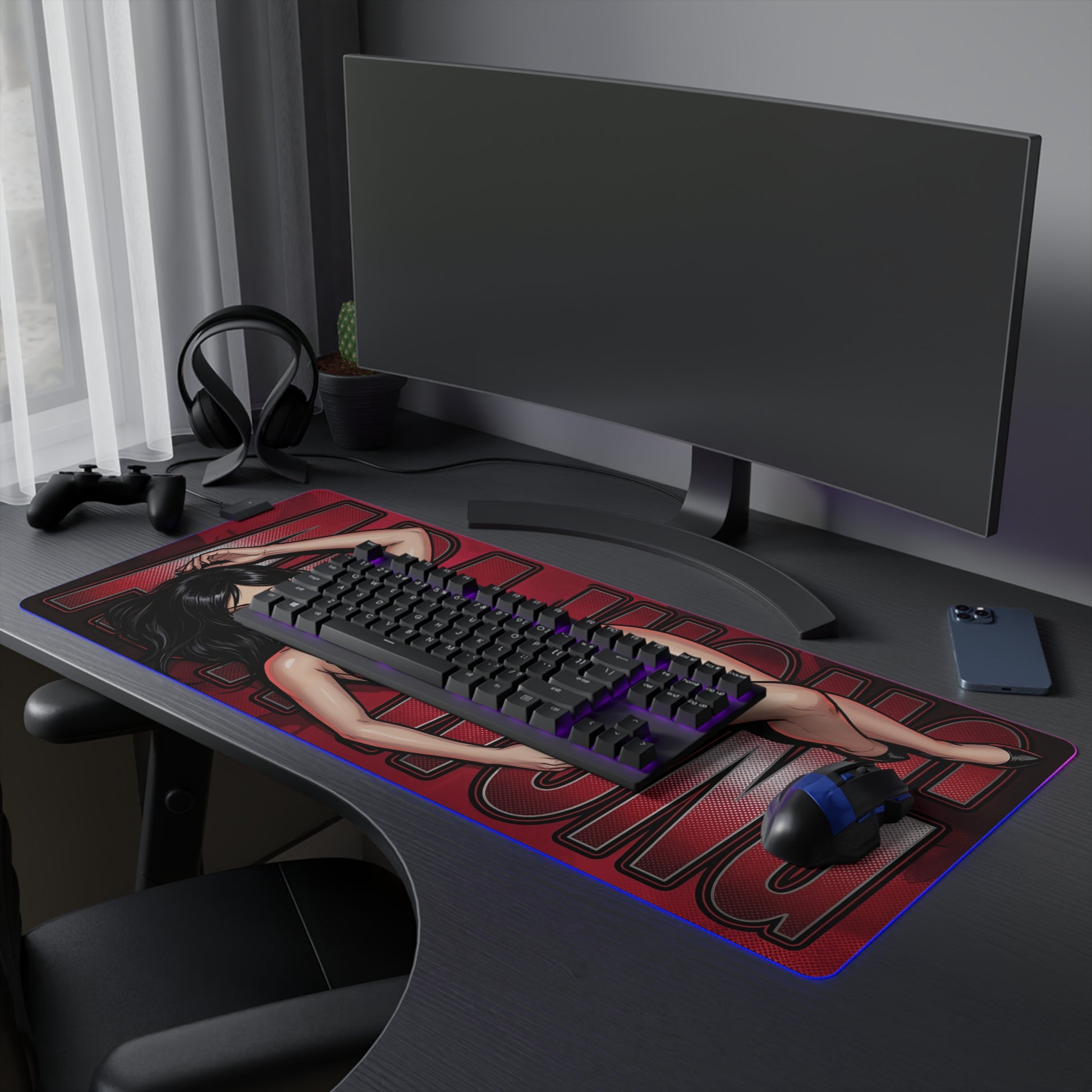 Ada Wong RGB Desk Mat, Resident Evil Gaming Mouse Pad, LED Desk Mat for Gamer Setup with red-tone artwork and RGB border on black gaming desk
