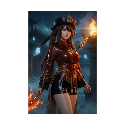 Hu Tao Poster, Genshin Impact Art Print – Iconic Pyro Heroine Wall Art featuring stylish Hu Tao character holding fiery staff in gothic gaming room