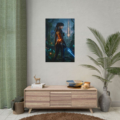EVE Poster, Stellar Blade Print, Futuristic Combat Hero Wall Decor showing armored sci‑fi warrior with glowing blade in cinematic gaming room poster