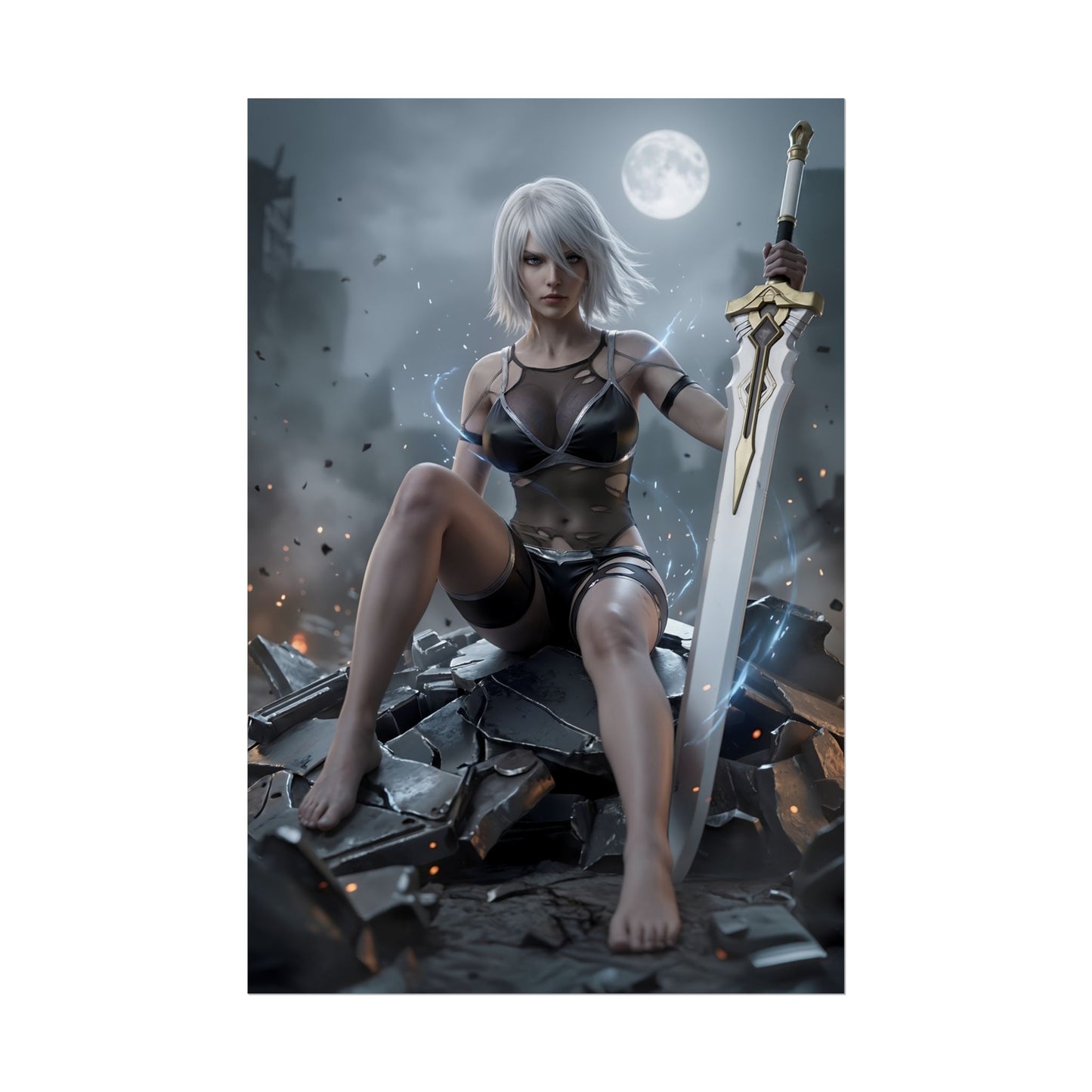 A2 Poster / A2 Wall Art / A2 Art Print / NieR Automata Poster - fierce android warrior with sword in ruined city under moonlight