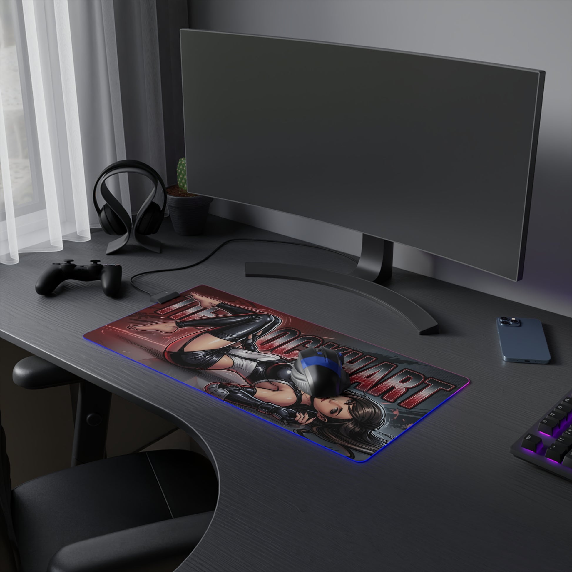 Tifa Lockhart RGB Desk Mat, Final Fantasy Gaming Mouse Pad, LED Desk Mat for Gamer Setup on dark gaming desk with RGB edge lighting and Tifa artwork