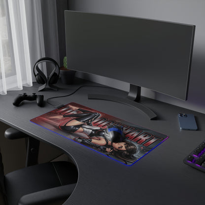 Tifa Lockhart RGB Desk Mat, Final Fantasy Gaming Mouse Pad, LED Desk Mat for Gamer Setup on dark gaming desk with RGB edge lighting and Tifa artwork