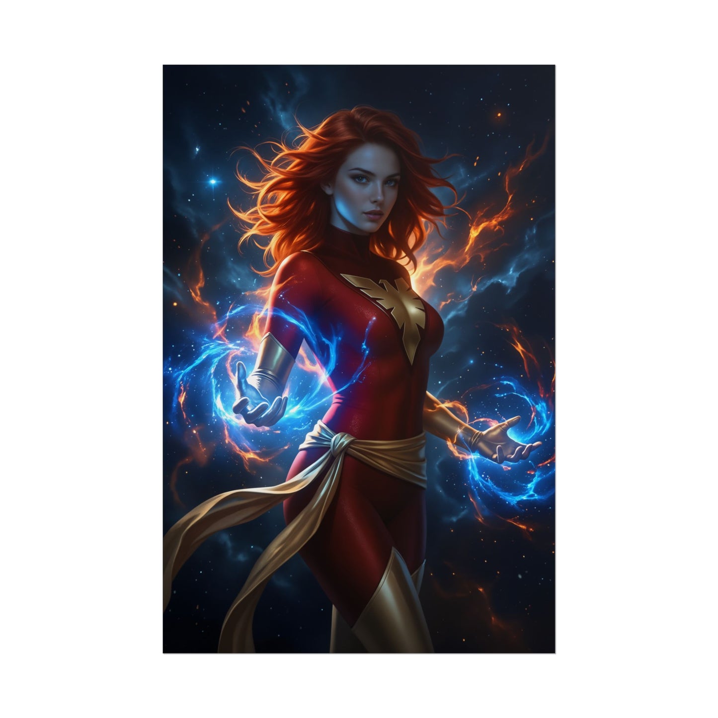 Jean Grey Poster, Marvel Art Print – Iconic Mutant Heroine Wall Art featuring red-haired Jean Grey with cosmic phoenix energy in ultra-high resolution poster