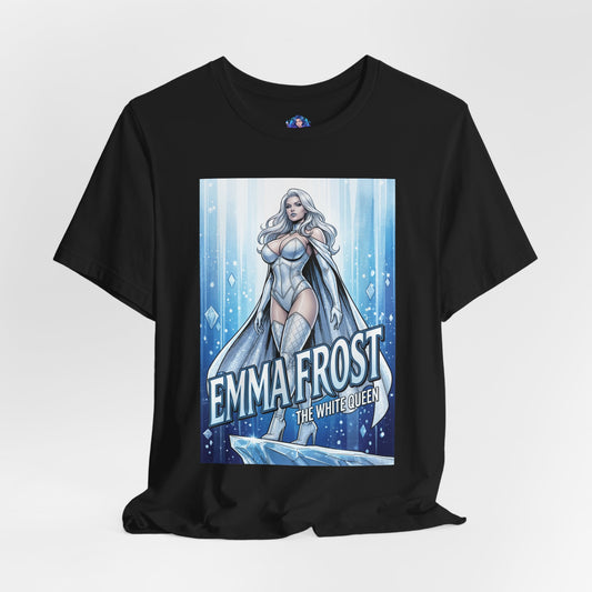 Emma Frost T-Shirt | Marvel X-Men Anime Tee for Gamers & Fans – comic-style White Queen illustration on black Bella Canvas tee