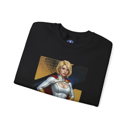 Power Girl Sweatshirt, DC Comics Crewneck, Bold Superhero Apparel for Fans — black crewneck with bold Power Girl artwork and confident stance