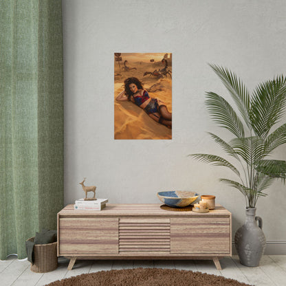 Fallout Pinup Woman Poster / Fallout Pinup Wall Art / Fallout Pinup Art Print / Fallout Poster of a bold retro-futuristic pinup woman reclining in desert scene