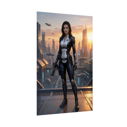 Miranda Lawson Poster, Mass Effect Art Print, Iconic Sci-Fi Character - sleek Cerberus operative in futuristic cityscape, gaming room wall art
