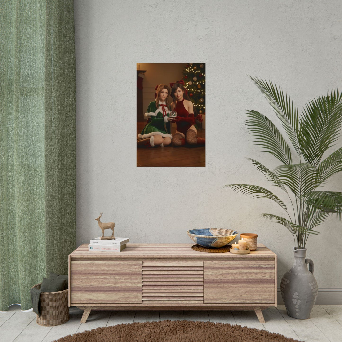 Tifa Aerith Poster, Final Fantasy Art Print – Gamer Room Wall Decor showing festive gamer room wall art with two characters