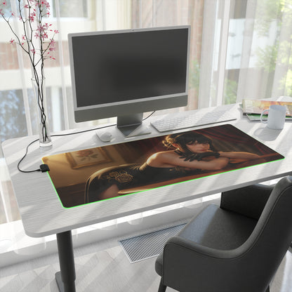 Yor Forger Desk Mat – LED RGB Pad, Waifu Anime Girl Gaming Setup on light desk with elegant assassin art and green LED edge