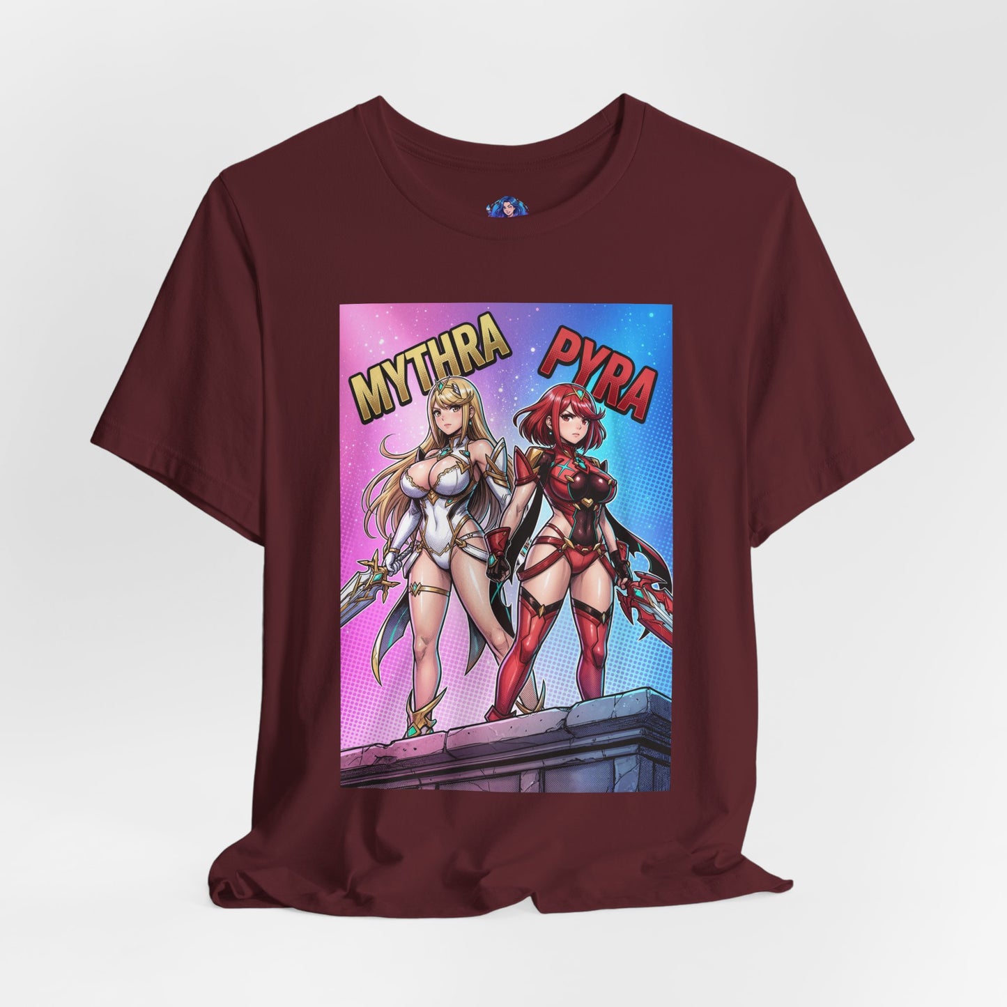 Mythra and Pyra T-Shirt | Anime Tee for Gamers — maroon Bella Canvas tee with side-by-side Mythra and Pyra anime illustration
