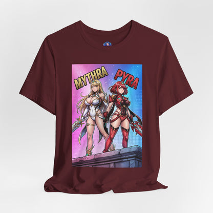 Mythra and Pyra T-Shirt | Anime Tee for Gamers — maroon Bella Canvas tee with side-by-side Mythra and Pyra anime illustration