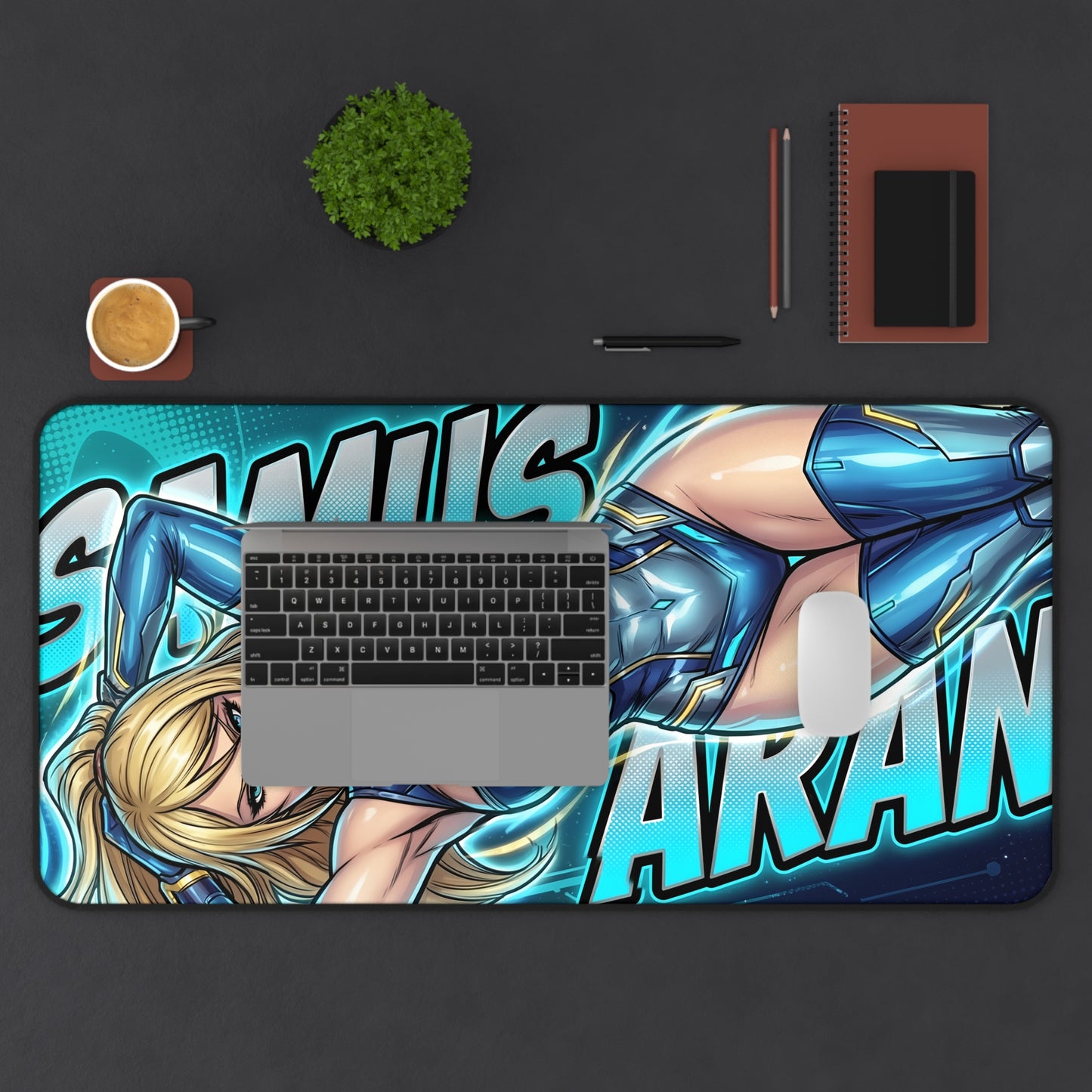 Samus Aran Mouse Pad – Sci-Fi Gaming Mouse Pad, Stylish Gamer Desk Decor showing bold sci‑fi artwork on a large gaming desk mat with laptop and mouse