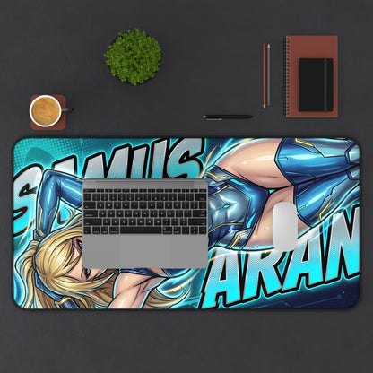 Samus Aran Mouse Pad – Sci-Fi Gaming Mouse Pad, Stylish Gamer Desk Decor showing bold sci‑fi artwork on a large gaming desk mat with laptop and mouse