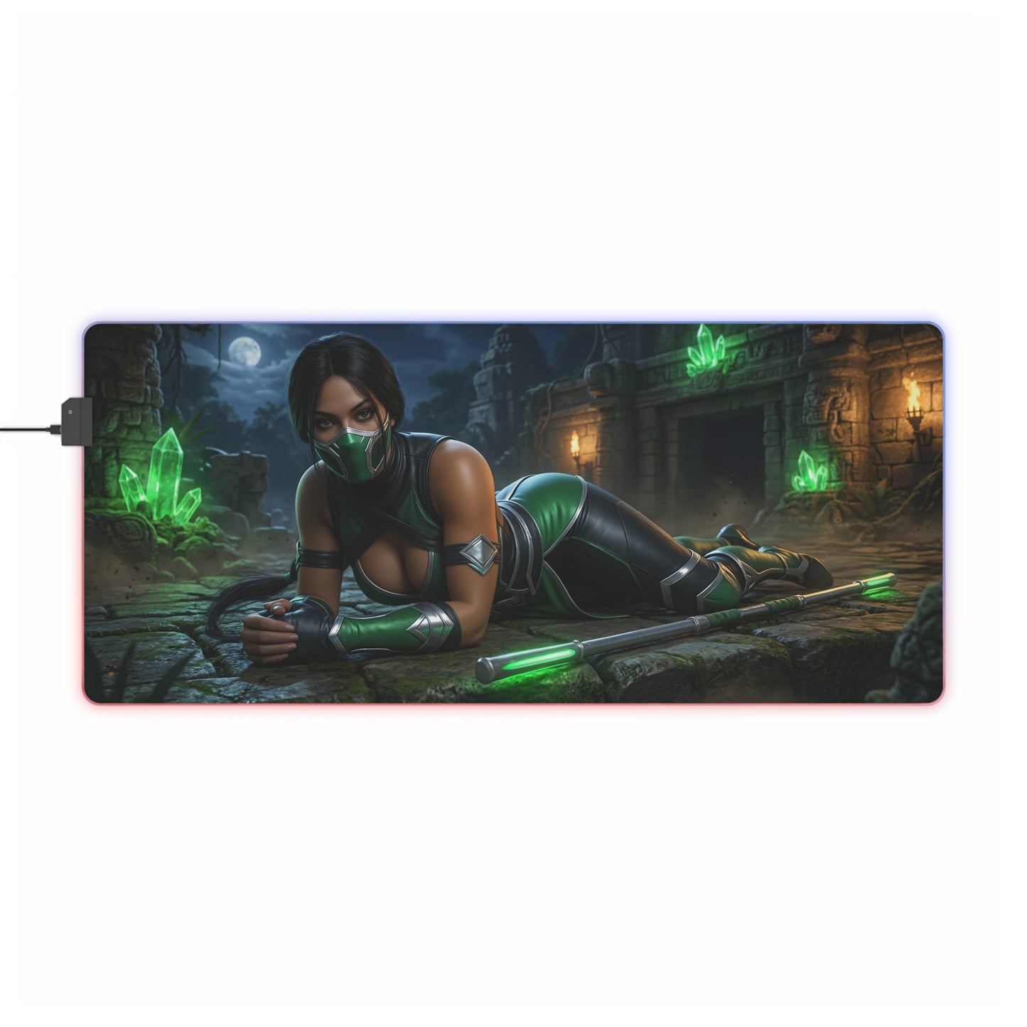Jade Desk Mat – LED RGB Pad, Waifu Fighter Anime Girl Setup featuring a masked emerald-armored waifu reclining with glowing crystals and precision surface