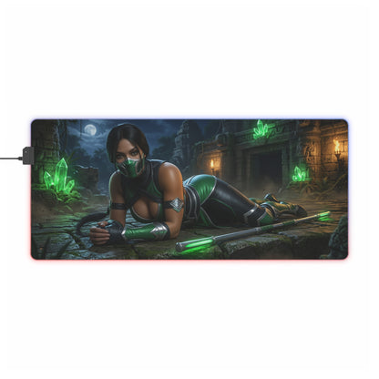 Jade Desk Mat – LED RGB Pad, Waifu Fighter Anime Girl Setup featuring a masked emerald-armored waifu reclining with glowing crystals and precision surface
