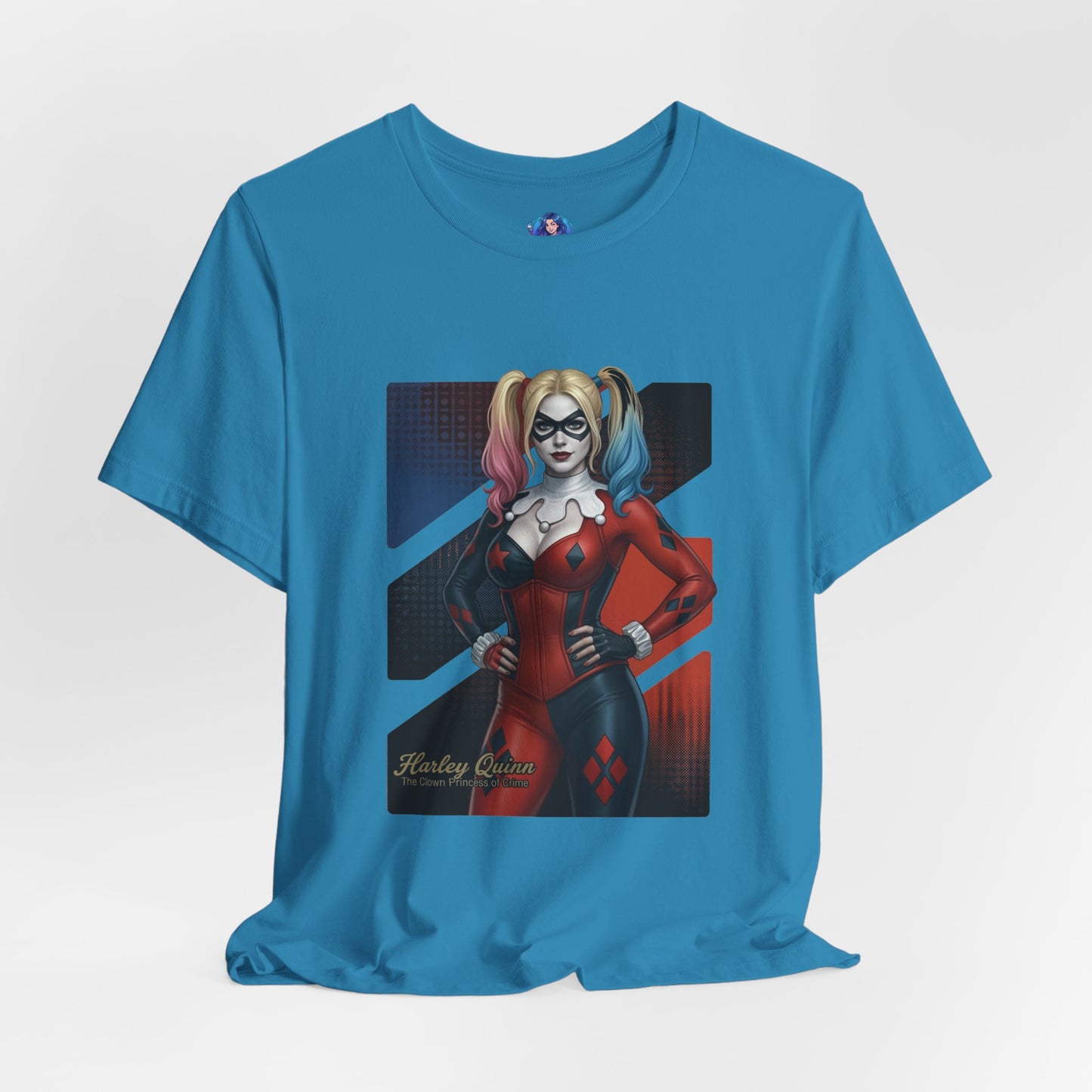 Harley Quinn T-Shirt | DC Comics Anime Tee for Gamers & Comic Fans featuring anime-style Harley Quinn illustration on a Bella Canvas blue tee