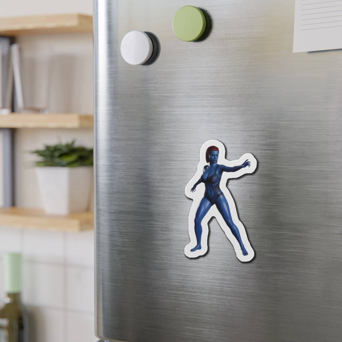 Mystique Magnet – Marvel Mutant Fridge Magnet, Anime Style Decor die-cut vinyl fridge magnet showing Mystique anime-style artwork on stainless steel