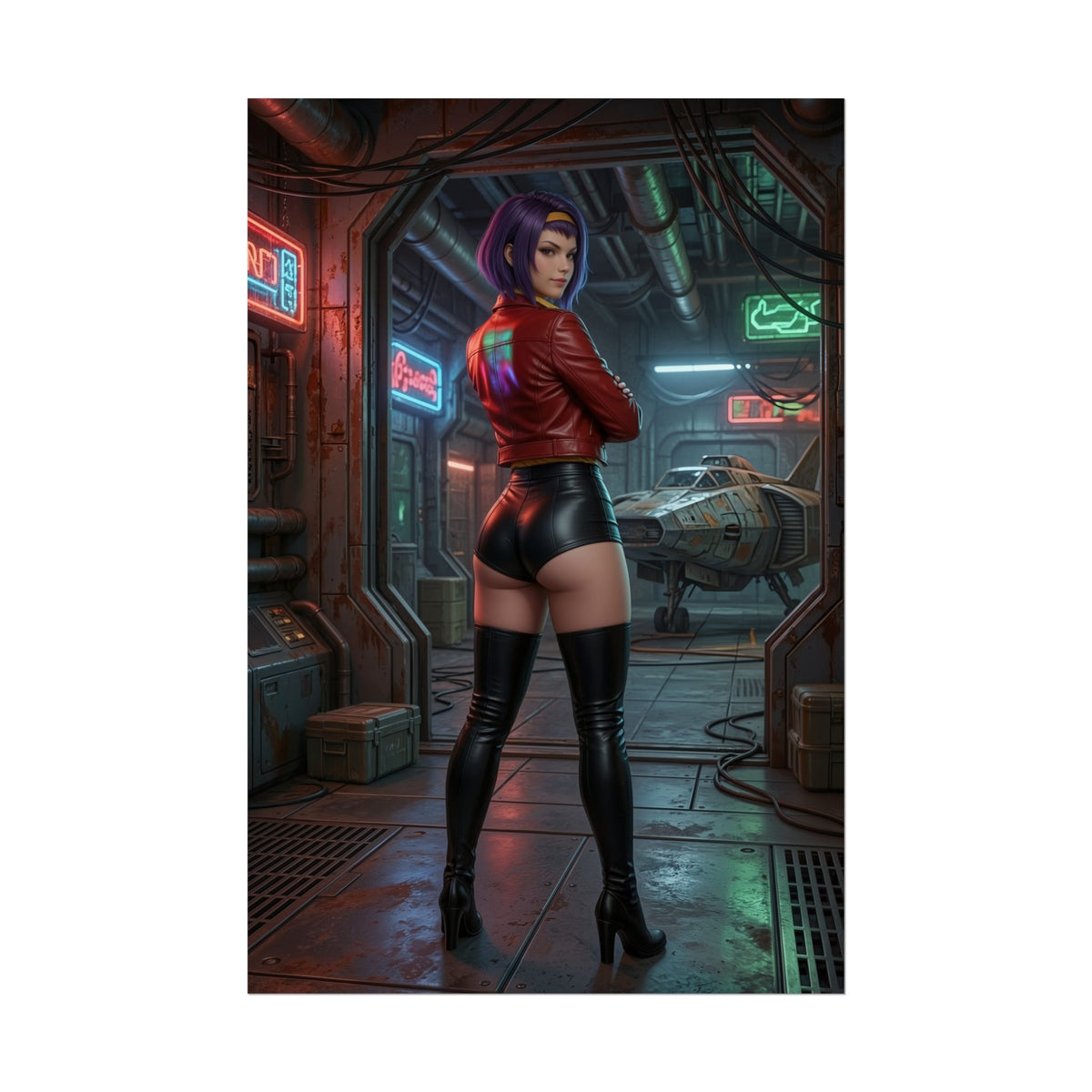 Faye Valentine Poster, Cowboy Bebop Art Print  Anime Collector Wall Art featuring Faye in red jacket and black boots in a neon spaceship hangar