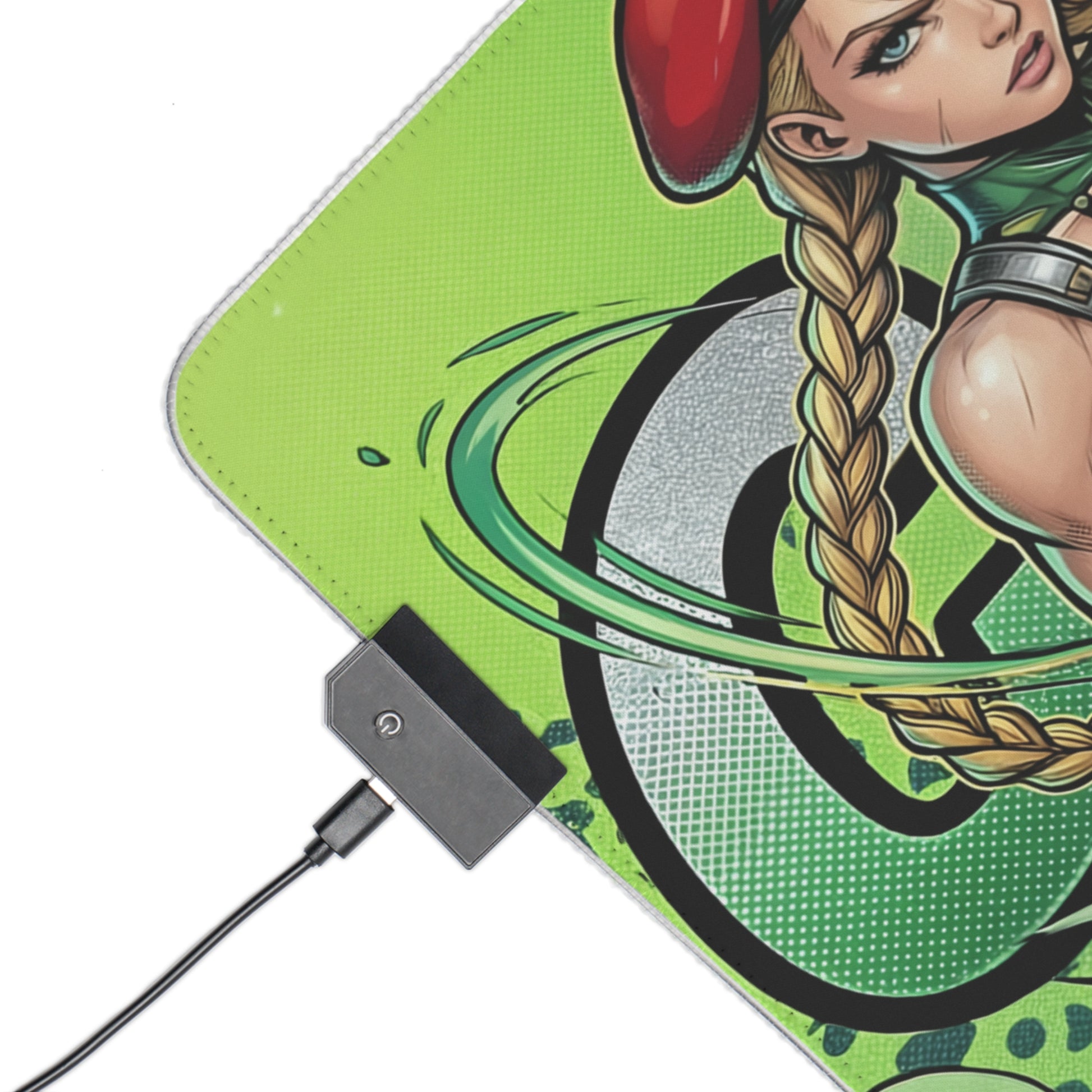Cammy RGB Desk Mat, Fighting Game Gaming Mouse Pad, LED Desk Mat for Gamer Setup showing green military-inspired artwork, braided character, RGB controller