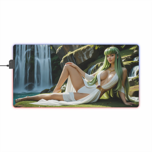 C.C Desk Mat – LED RGB Pad, Enigmatic Waifu Anime Girl Gaming Setup featuring green-haired waifu lounging by waterfall on precision cloth surface