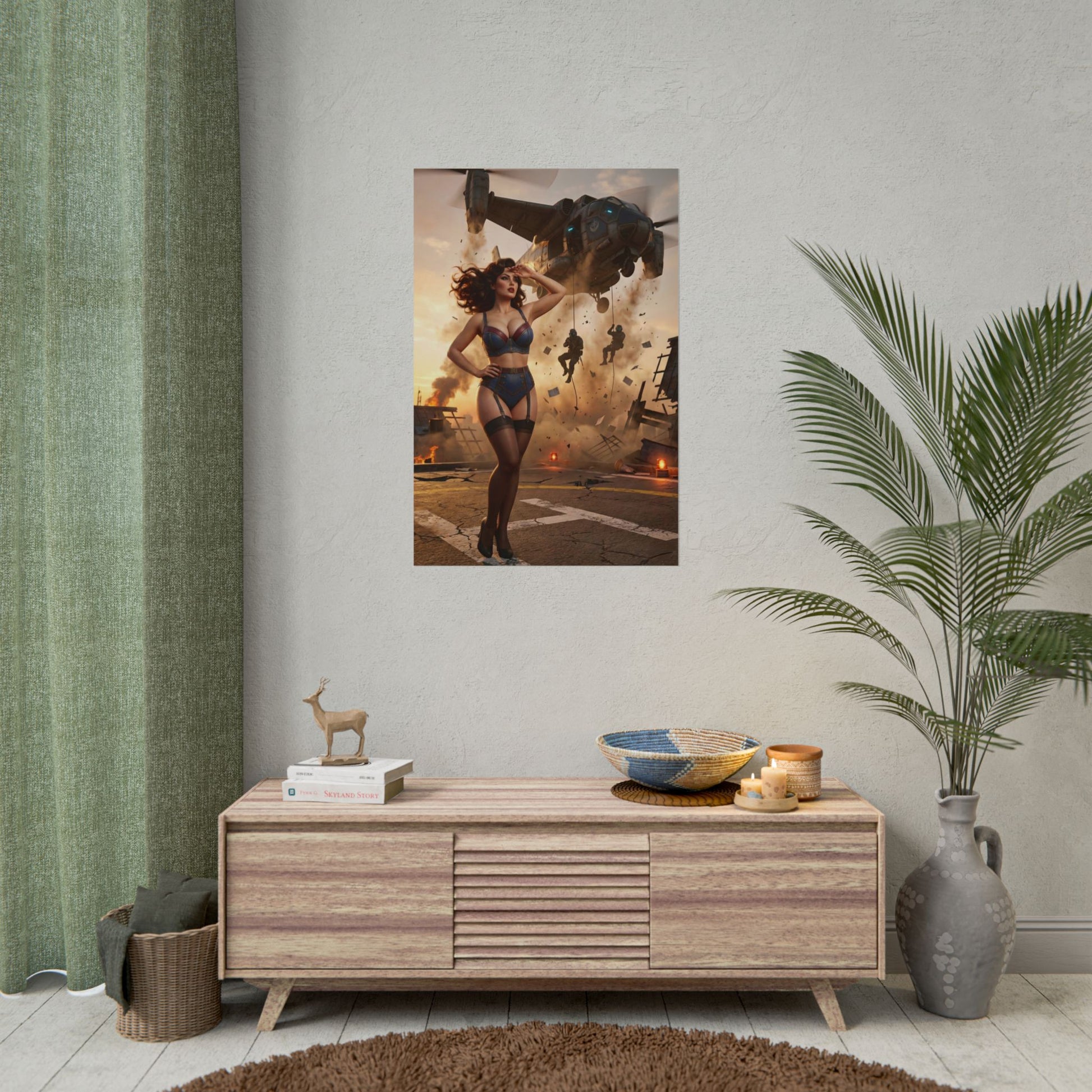 Fallout Action Woman Poster / Fallout Action Wall Art / Fallout Action Art Print / Fallout Poster - bold cinematic female lead in explosive action scene