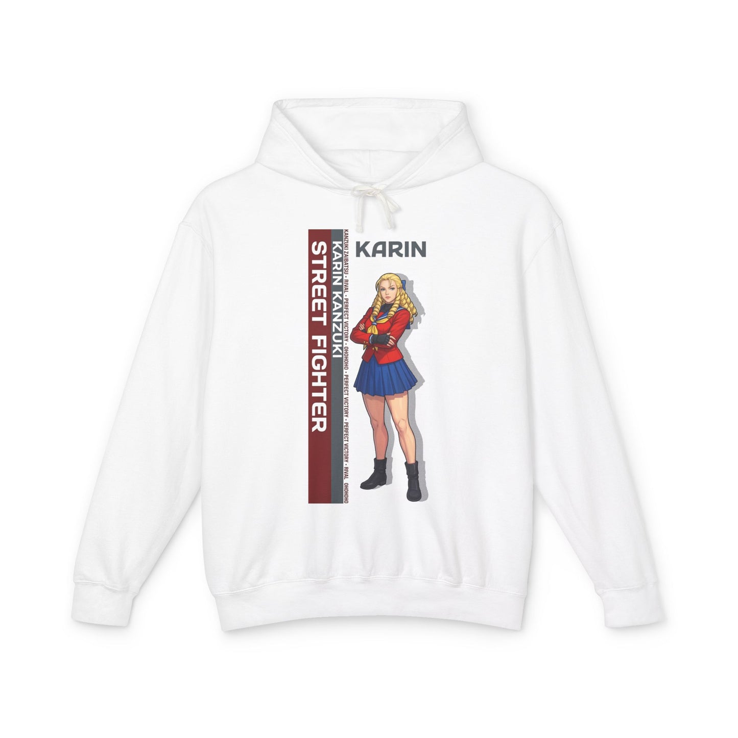 Karin Hoodie | Street Fighter Hoodie | Anime Elegant Fighter Pullover - white pullover with Karin anime illustration and vertical Street Fighter stripe