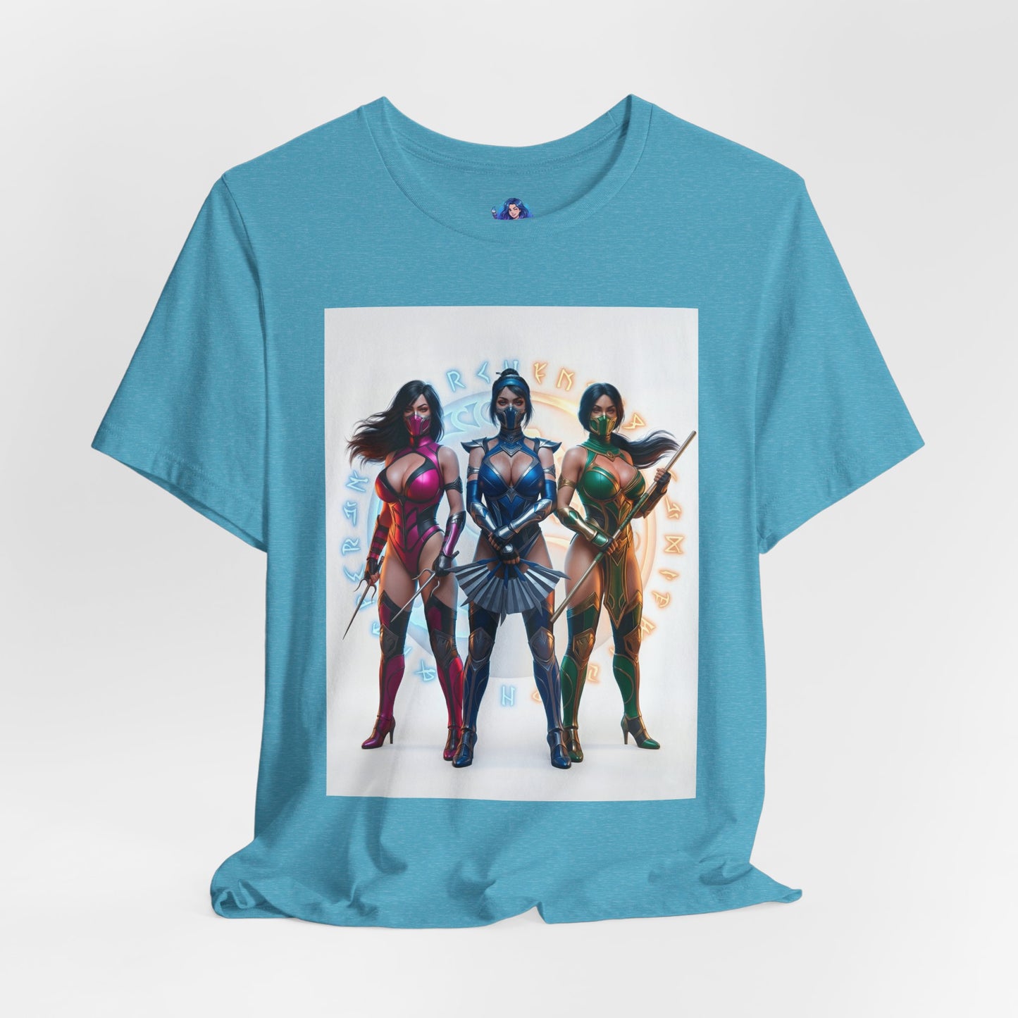 Kitana Jade and Mileena T-Shirt | Mortal Kombat Anime Tee for Gamers & Fans - anime-style trio print on blue Bella canvas tee