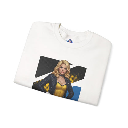 Black Canary Sweatshirt, DC Comics Crewneck, Classic Superhero Apparel for Fans — folded white crewneck with Black Canary artwork