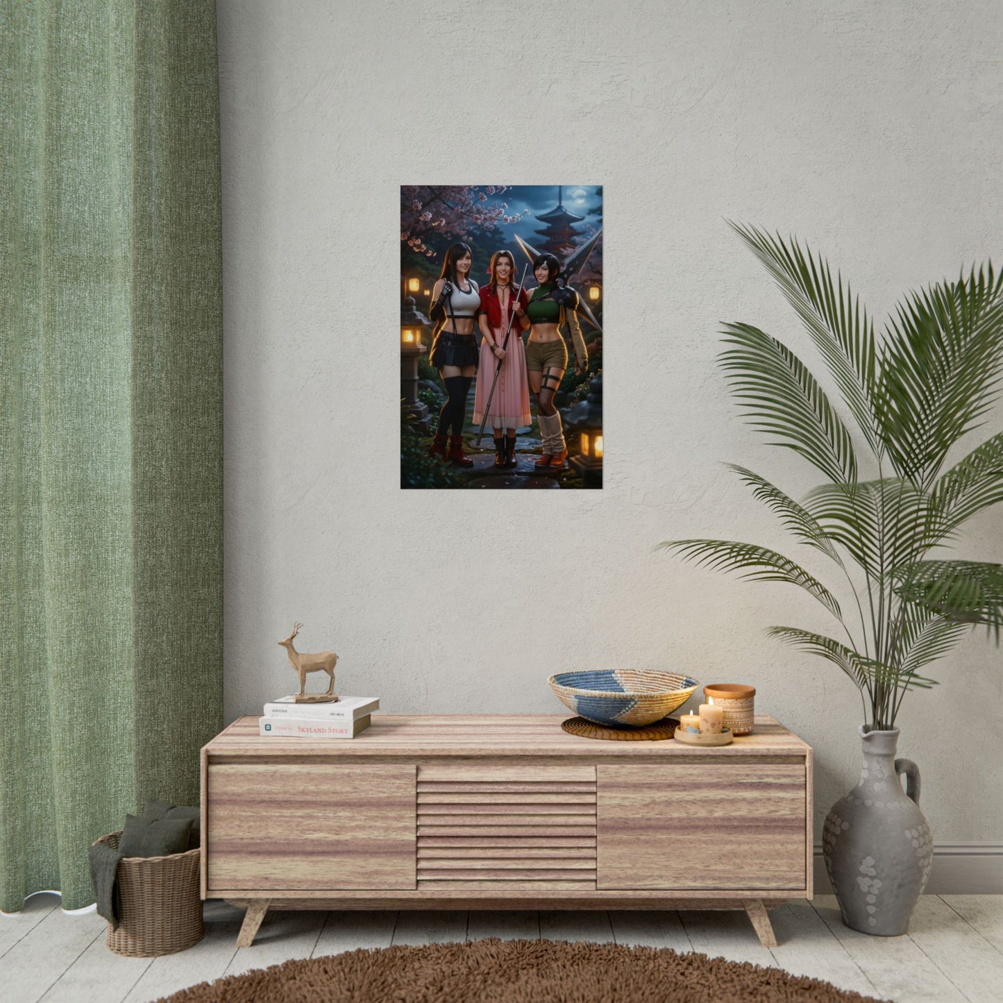 Tifa Aerith and Yuffie Final Fantasy Poster – Iconic RPG Heroines Wall Art framed on living room wall