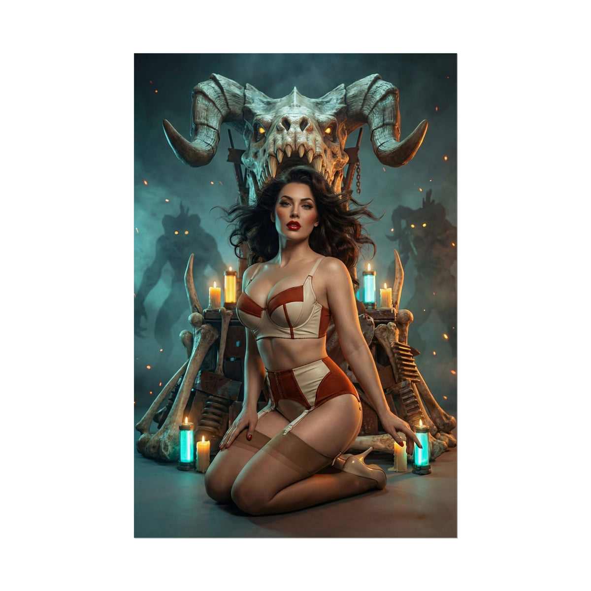 Fallout Dark Fantasy Woman Poster / Fallout Dark Wall Art / Fallout Dark Art Print / Fallout Poster - moody pinup woman kneeling before skull throne with candles