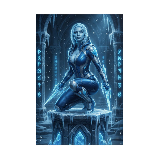 Frost Mortal Kombat Poster – Ice Warrior Heroine Wall Art for Gamer Decor: fierce blue heroine on icy pedestal, ultra-high resolution gamer wall art