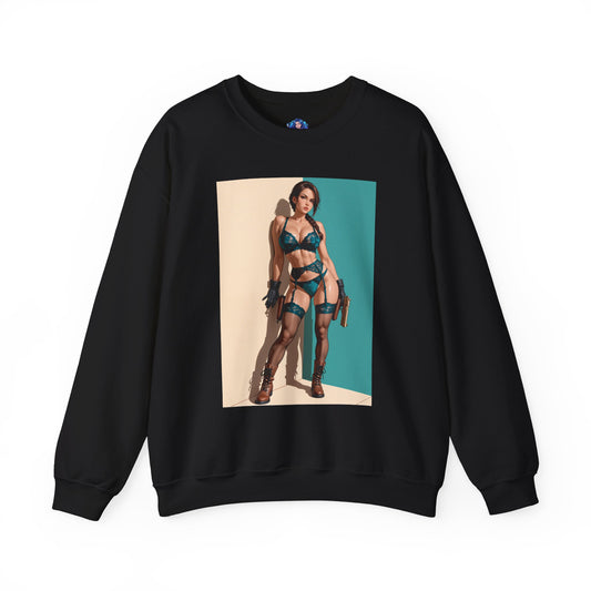 Lara Croft Sweatshirt, Adventure Icon Crewneck, Gaming Apparel for Everyday Wear featuring illustrated Lara Croft in adventurer outfit on black crewneck